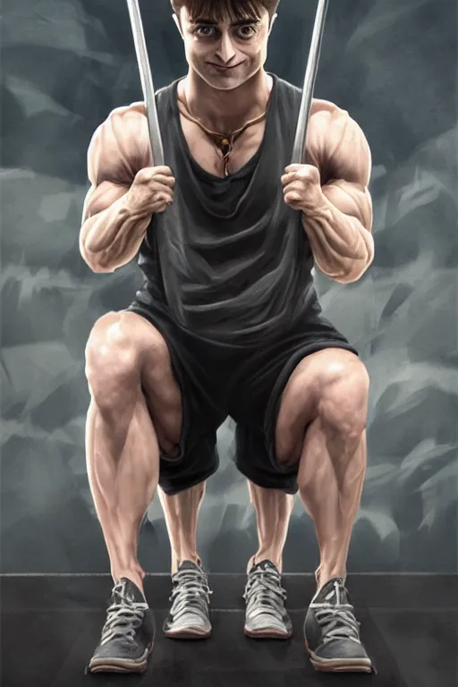 Image similar to highly detailed rendering of Daniel Radcliffe as Harry Potter doing barbell back squats, dingy workout gym, wearing a muscle tee shirt, muscular deep squats, symmetrical, highly detailed, digital painting, artstation, concept art, smooth, sharp focus, illustration, cinematic lighting, art by artgerm and greg rutkowski and alphonse mucha