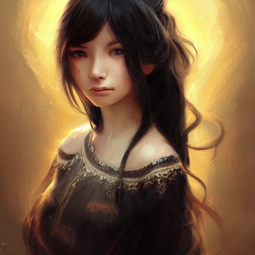 Image similar to teen girl, long black hair, gorgeous round face, brown pollover, amazing, elegant, intricate, highly detailed, digital painting, artstation, concept art, sharp focus, illustration, art by ross tran