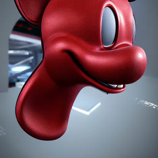 Image similar to a giant mickey mouse head, factory floor, dissected by a group of network executives, octane render, cgstation, 3 d render, very detailed, mindblowing, blood and guts, gritty, cyberpunk, red and cinematic lighting, hyper realism