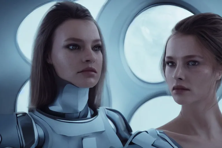 Image similar to VFX movie of a futuristic space woman model gorgeous portrait in inhuman future spaceship, beautiful natural skin natural lighting by Emmanuel Lubezki