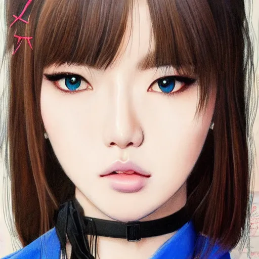 Prompt: realistic detailed semirealism beautiful gorgeous cute Blackpink Lalisa Manoban wearing school uniform, blue eyes blue iris, black hair black cat ears, black leather choker, proportional body, WLOP, Aztodio, Taejune Kim, sakimichan, ArtGerm, Pixiv, Instagram, Artstation