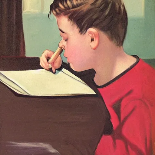 Image similar to 1950 painting of a boy writing a letter