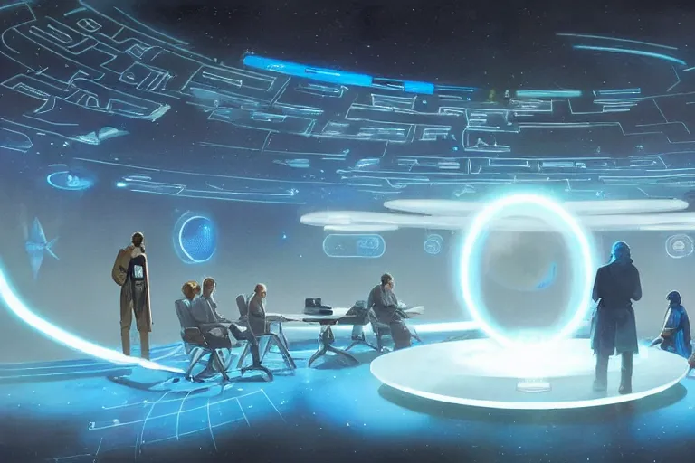 Image similar to ground view of a science fiction circular meeting room with bright holodesk in the center showing a blue hologram of a solar system, dark people discussing, contrasted light, clair obscur, illustration, clean lines, star wars vibe,, by greg rutkowski, by moebius!!!, vivid colors, spectacular cinematic scene