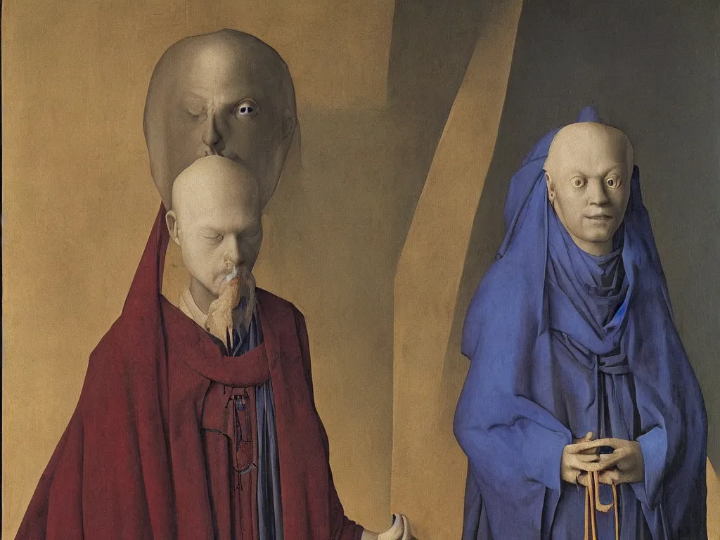 Image similar to Portrait of albino mystic with blue eyes, with Gandhara sculpted heads. Painting by Jan van Eyck, Audubon, Rene Magritte, Agnes Pelton, Max Ernst, Walton Ford