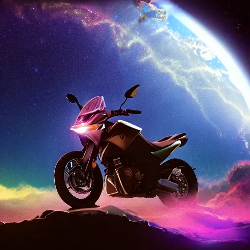 Prompt: high detail photo of a deserted yamaha motorcycle floating in space inside magic colorful glowing sparkling fog, circular planet behind it, starry sky, tranquil, desolate, atmospheric, hazy, autochrome, 8k, reflections, octane render, unreal engine 5