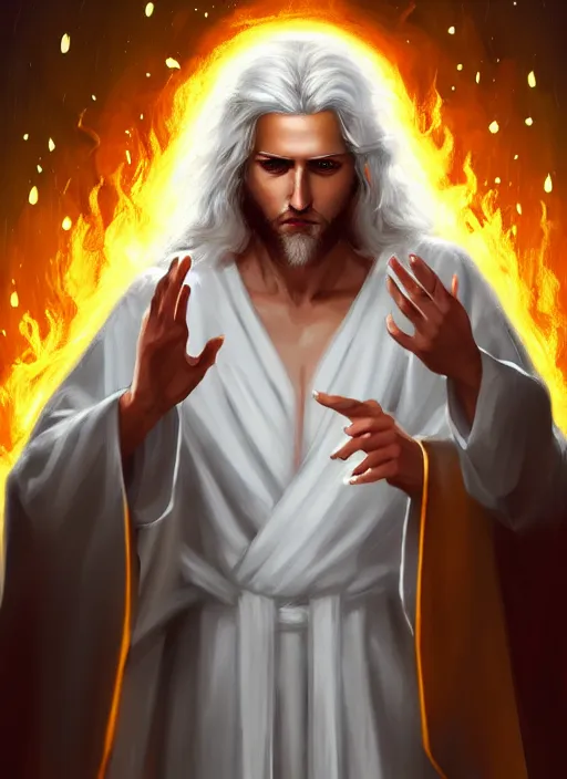 Image similar to « portrait of the white - haired jesus in a white robe and flaming yellow eyes, holding seven stars in right hand, high - contrast, intricate, elegant, highly detailed, digital painting, artstation, concept art, smooth, sharp focus, illustration »