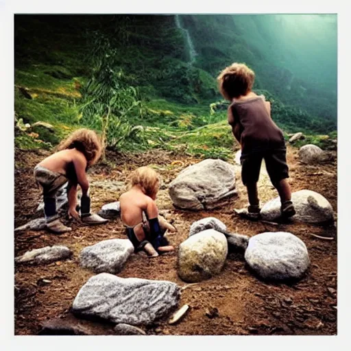 Image similar to “ kids in stone age looking for food, realistic ”