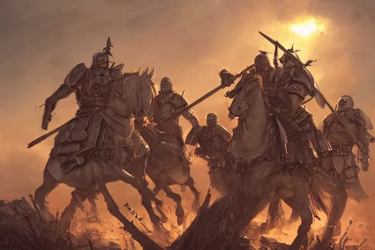 Prompt: our warriors now they clash over causes not worth bleeding for. ashigaru warriors in formation shields armor. sunset lighting hopeful, cinematic fantasy painting, dungeons and dragons, jessica rossier and brian froud