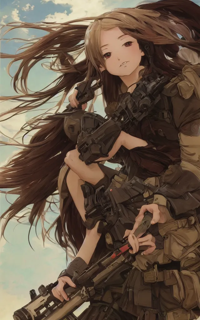 Image similar to on going battle, infantry girl, anime style, long hair, hair down, symmetrical facial features, explosions, from girls frontline, hyper realistic, pale skin, rule of thirds, extreme detail, realistic lighting, detailed drawing, trending artstation, hd, d & d, trading card, by alphonse mucha, greg rutkowski, sharp focus, backlit