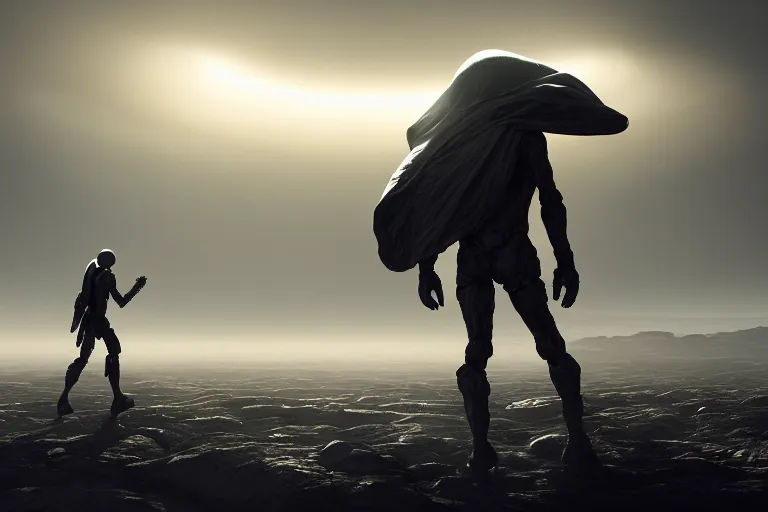 Prompt: a strong alien with glowing smokey eyes wearing simplistic body armor and a flowing cloth poncho walks towards an alien base on a vast landscape, dramatic lighting, light fog, 8 k cg render, highly detailed, trending on artstation