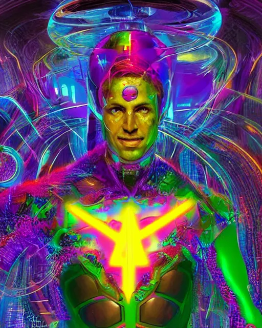 Image similar to a powerful energy psychedelic matrix super hero, by alexander fedosav, hyper detailed digital matte painting, concept art, hyperrealism, 1 6 k resolution, cinema 4 d, 8 k resolution, trending on artstation, behance hd, a masterpiece, by stephan martiniere, particles, cel - shaded, power bright neon energy, by david a. hardy,