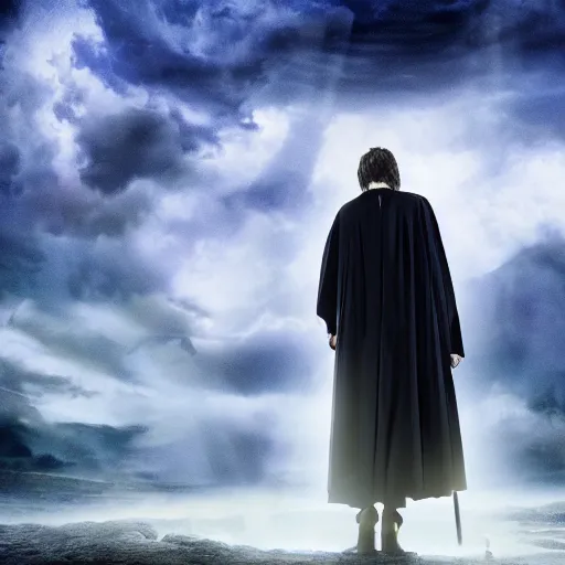 Image similar to Harry potter standing and holding a short wand, magic aura, back view, thunderclouds, cinematic shot, wide shot, epic scale, waving robe movement, photorealistic detail and quality, intricate ground stone, magical sigils, floating particle effects, movie still, nighttime, crescent moon, sharp and clear, action shot, intense scene, visually coherent, symmetry, rule of thirds, movement, photorealistic colors, cool colors transitioning to warm colors, modest tone, award winning, directed by Steven Spielberg, Christopher Nolan, Tooth Wu, Asher Duran, artstation