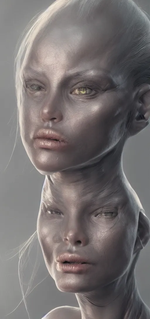 Prompt: realistic detailed portrait of the half alien women, dynamic lighting, photorealistic fantasy concept art, trending on art station, stunning visuals, creative, cinematic, ultra detailed