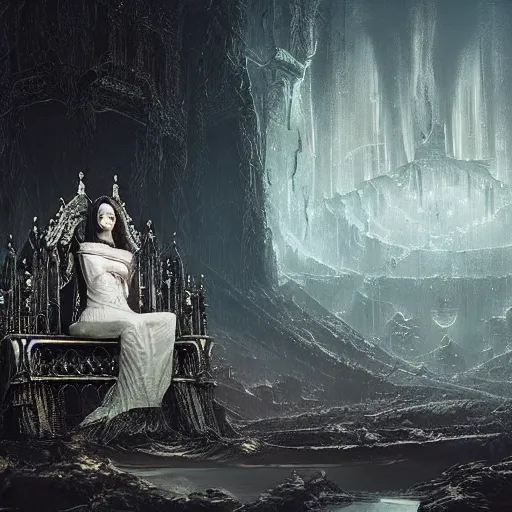 Image similar to of a beautiful black haired woman with pale skin and a crown on her head sitted on an intricate metal throne in eerie atmospheric alien worlds, epic cinematic matte painting, art by greg rutkowski