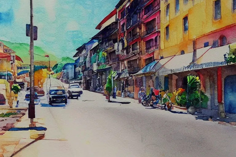 Image similar to !! watercolor!! penang road in a sunny day, artwork by tooth wu, colorful contrast,!! very coherent!!, dark shadow, thick lineart