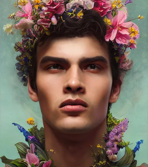 Image similar to portrait of a very handsome peruvian male model, surrounded by flowers by karol bak, james jean, tom bagshaw, rococo, trending on artstation, cinematic lighting, hyper realism, octane render, 8 k, hyper detailed.