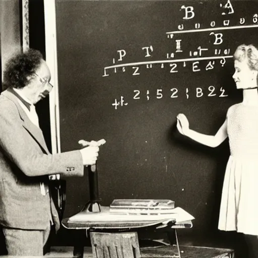 Prompt: ballerina teaching physics to Albert Einstein at blackboard