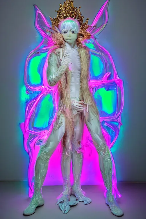 Image similar to full-body photo rococo and cyberpunk delicate neon crystalline sculpture of ((muscular slender albino Italian Prince)) as a dark iridescent humanoid deity wearing a thin see-through ((plastic hooded cloak)) sim roupa (holding a human skull), reclining con (((las piernas abiertas))), glowing pink face, crown of (white lasers), large diamonds, swirling black silk fabric. futuristic elements. oozing glowing liquid, full-length view. space robots. intricate artwork by caravaggio. Trending on artstation, octane render, cinematic lighting from the right, hyper realism, photo realistic, octane render, 8k, depth of field, 3D