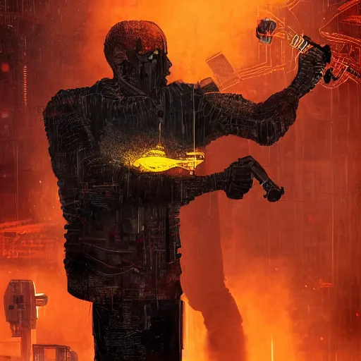 Image similar to half rusted old egg beater half stun - gun, balding older cyborg repairing, red hot soldering iron, dark messy smoke - filled cluttered workshop, dark, dramatic lighting, orange tint, cinematic, highly detailed, sci - fi, futuristic, movie still from blade runner