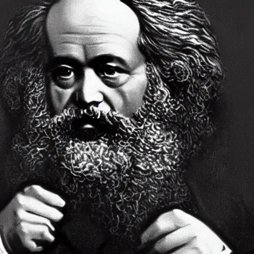 Image similar to Karl Marx lifting a factory above his head, epic composition, cinematic lighting, extremely detailed, 4k/8k,