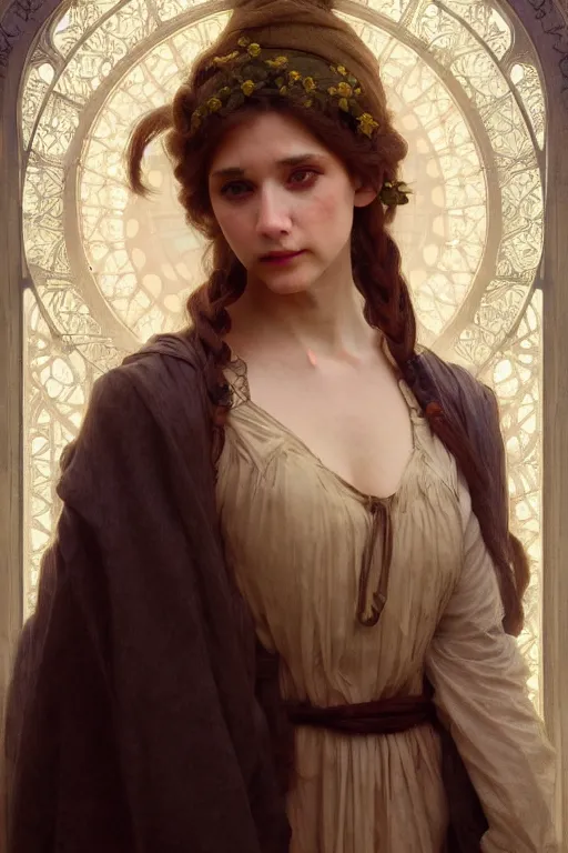 Image similar to Portrait of beautiful pale peasant girl, cinematic lighting, intricate, elegant, highly detailed, digital painting, artstation, smooth, sharp focus, illustration, art by artgerm and greg rutkowski and alphonse mucha and Wayne Barlowe and william-adolphe bouguereau