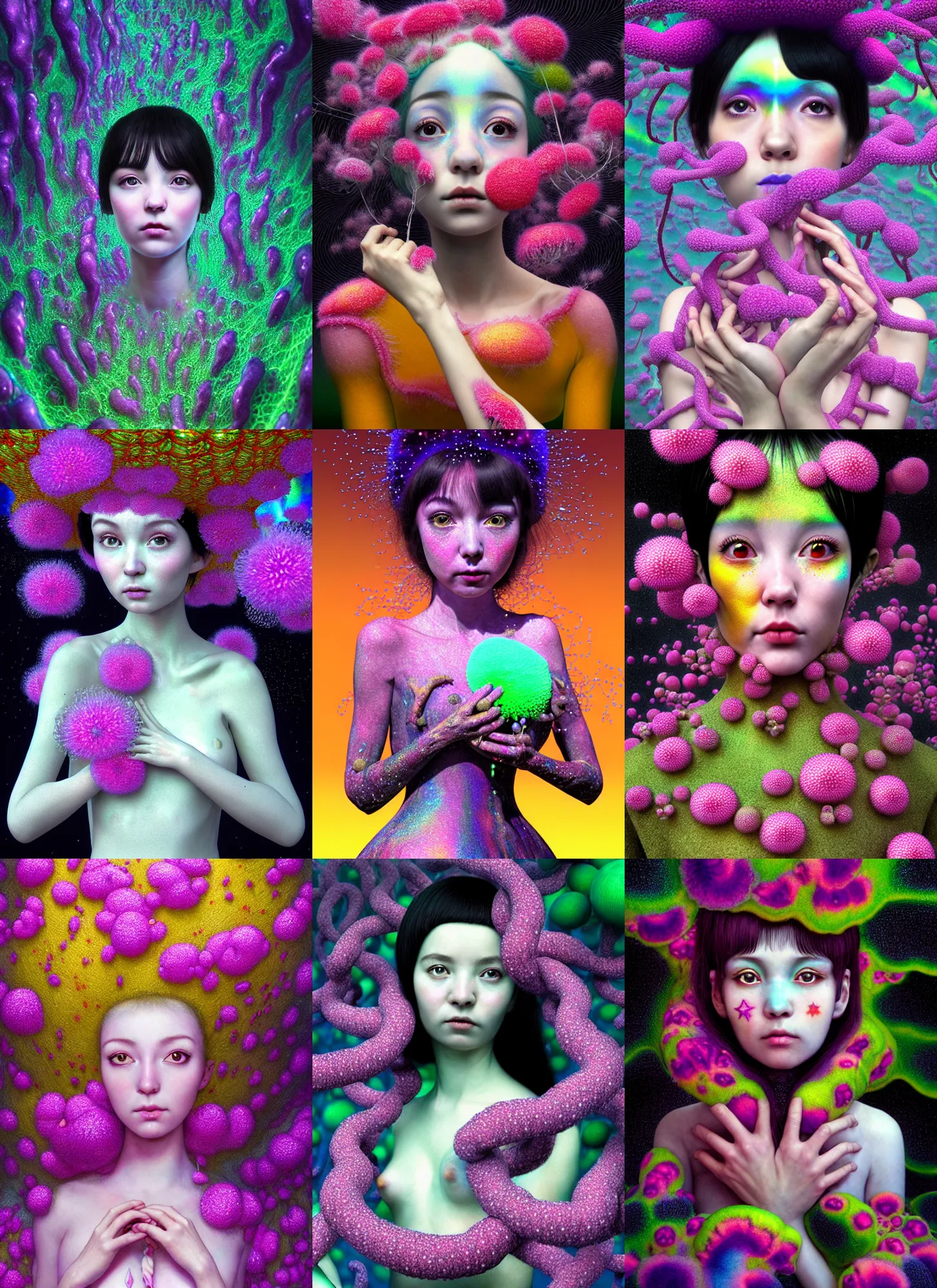 Image similar to hyper detailed 3d render like a Oil painting - kawaii portrait Aurora (black haired Fae) seen Eating of the Strangling network of yellowcake aerochrome and milky Fruit and Her delicate Hands hold of gossamer polyp blossoms bring iridescent fungal flowers whose spores black the foolish stars by Jacek Yerka, Mariusz Lewandowski, Houdini algorithmic generative render, Abstract brush strokes, Masterpiece, Edward Hopper and James Gilleard, Zdzislaw Beksinski, Mark Ryden, Wolfgang Lettl, hints of Yayoi Kasuma, octane render, 8k