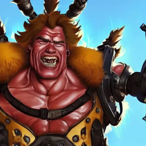 Prompt: a screenshot of arnold schwarzenegger as junkrat in overwatch