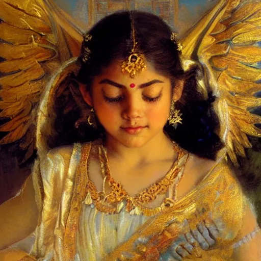 Image similar to detailed portrait of hindu traditional girl with angel wings coming down to earth in baroque painting, girl graceful, eyes closed, painting by gaston bussiere, craig mullins, j. c. leyendecker