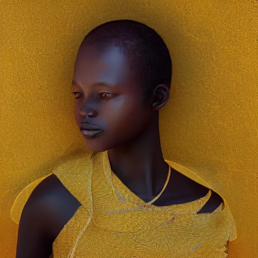 Image similar to extreme detail, african teenager, female, charles vess, gold silk clothes, klimt, hyperealistic, hdri lighting, octane