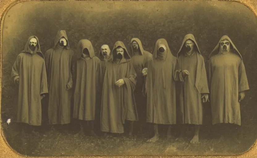 Image similar to a old daguerreotype photo of a group of cultists, wearing robes, with demonic goat face, wearing hoods, on a pilgrimage to hell, grainy, old photo, golden ratio, scary, horror photography, 5 0 mm lens, f 1. 8