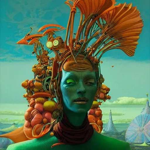 Image similar to colourful breathtakingly weird beautiful powerful magical wonderfully majestic beautifully cool character by michael whelan, moebius, beeple, dan mcpharlin, pascal blanche, jamie hewlett, richard dadd, symmetrical, serene expression, 8 k artstation