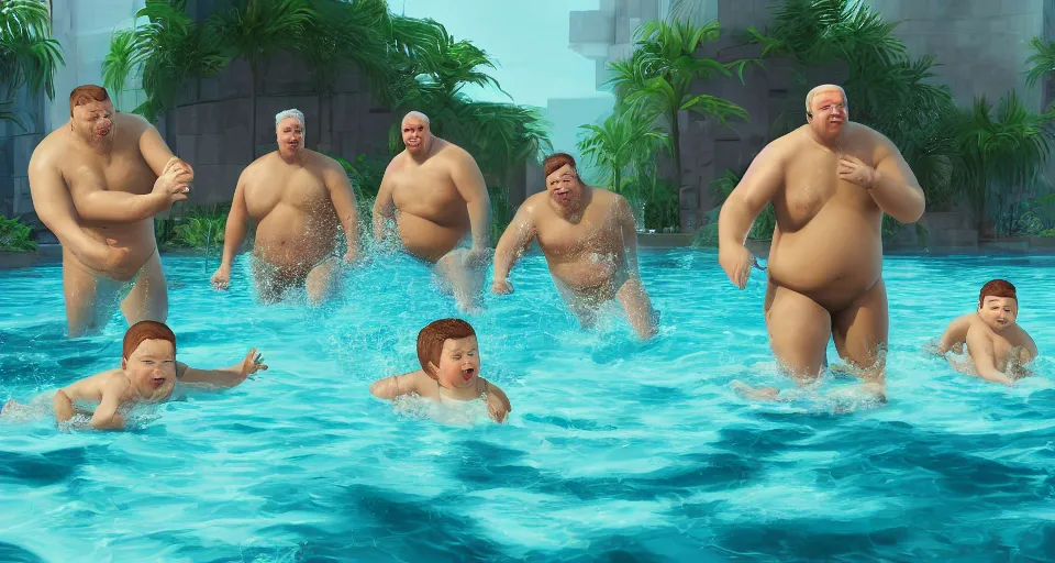 Prompt: digital art painting of exactly three brothers and their slightly overweight father in a swimming pool , unreal 5, DAZ, hyperrealistic, octane render, volumetric clouds dynamic lighting