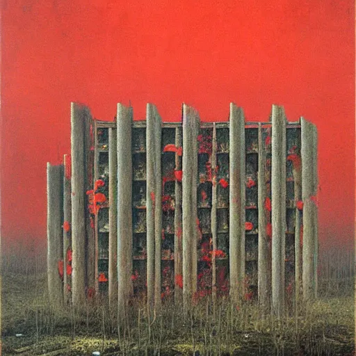 Prompt: surrealist painting of a brutalist building turning into meat red fungus, post apocalyptic, tropical landscape, painted by beksinski