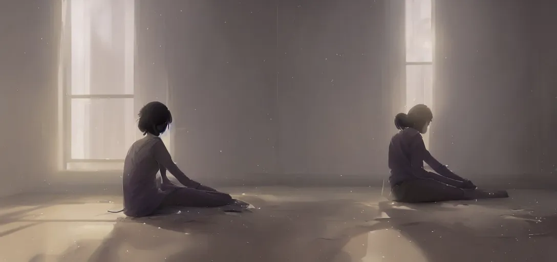 Image similar to Young Himalayan woman sitting concerned in an empty room with loneliness using psychic powers to make a lighter float| night time scene, plain walls |somber white eyes, long ashy hair | gentle lighting, futuristic, dim lighting, digital art by Makoto Shinkai ilya kuvshinov and Wojtek Fus, digital art, concept art,