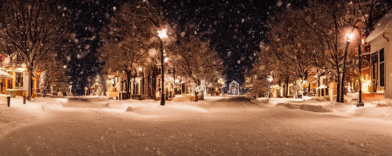 Image similar to street covered in snow in a quaint little town, night time, snow fall, christmas time, lights, cinematic