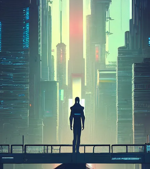 Image similar to a man standing on top of a bridge over a city, cyberpunk art by james gilleard, cgsociety, retrofuturism, synthwave, cityscape, 2 d game art