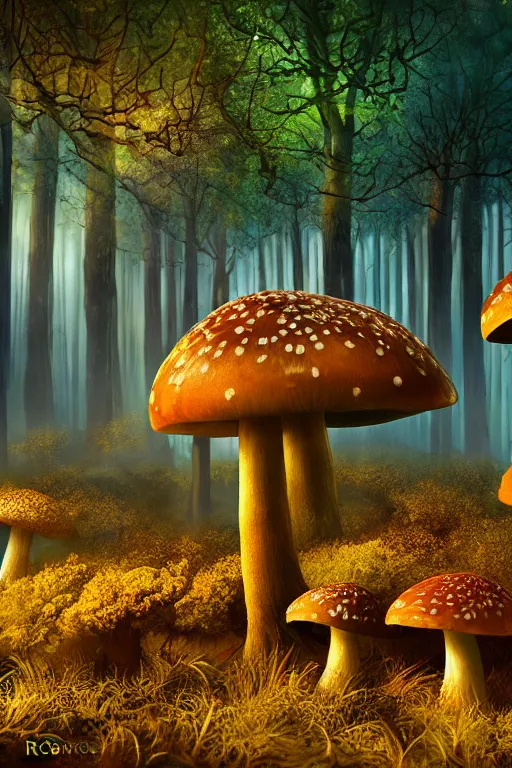 Prompt: A mushroom forest with monsters roaming around beautiful lighting during golden hour by Rob Steen. 28mm, f/1.8, Realistic details. V-ray. Professionally colour graded. Concept art. Vibrant colours. fog