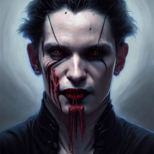 Image similar to portrait painting of joseph quinn eddie munson as a vampire, ultra realistic, concept art, intricate details, eerie, highly detailed, photorealistic, octane render, 8 k, unreal engine. art by artgerm and greg rutkowski and charlie bowater and magali villeneuve and alphonse mucha