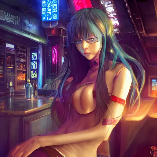 Image similar to Anime Girl in a cyberpunk city bar, full body, beautiful face, fantasy, medieval, vivid colors, elegant, concept art, sharp focus, digital art, Hyper-realistic, 4K, Unreal Engine, Highly Detailed, HD, Dramatic Lighting by Brom, trending on Artstation