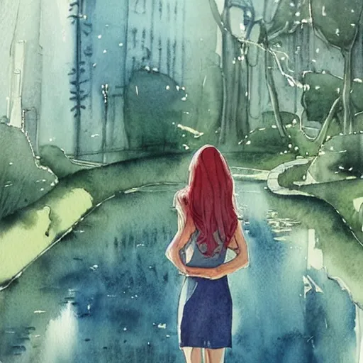 Image similar to Woman in a beautiful happy picturesque charming sci-fi city in harmony with nature. Beautiful light. Water and plants. Nice colour scheme, soft warm colour. Beautiful detailed watercolor by Lurid. (2022)