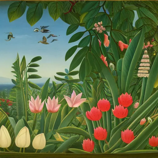 Prompt: hd photo of a fresco in naive art style by henri rousseau with birds and flowers and lotuses, highly detailed, unreal engine, photorealism