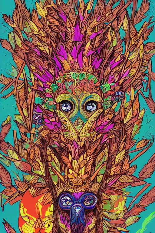 Image similar to animal mask totem roots flower tribal feather gemstone plant wood rock shaman vodoo video game vector cutout illustration vivid multicolor borderlands comics by josan gonzales and dan mumford radiating a glowing aura