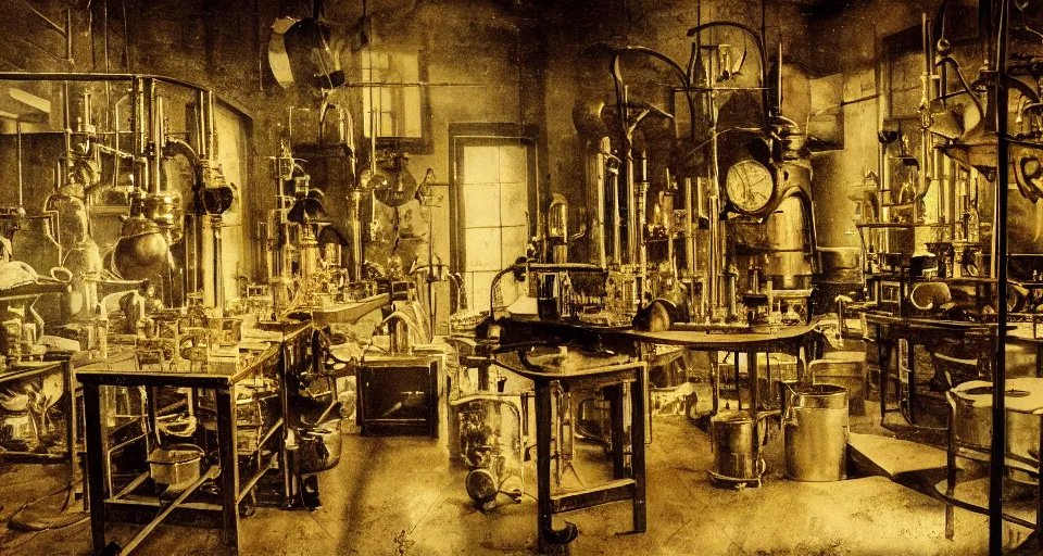 Prompt: a laboratory filled with alchemy equipment, victorian era, gold dust, depth of field