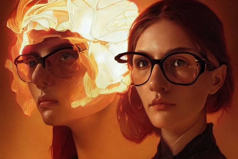 Image similar to Beautiful portrait of a glowing police officer wearing specs. wide angle, magic, fire, face painting, darkness, dramatic lighting, intricate, wild, highly detailed, digital painting, artstation, concept art, smooth, sharp focus, illustration, art by artgerm and greg rutkowski and alphonse mucha, footage from space camera