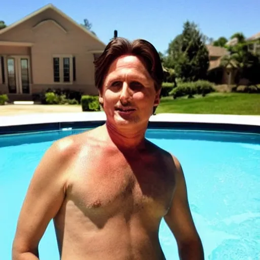 Prompt: emilio estevez with no hair standing above the water of a pool next to a house