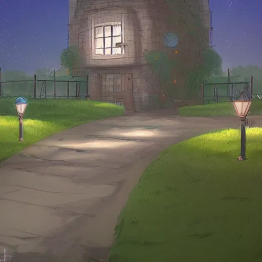 Prompt: entrance to a building with a path on the lawn, a giant screen, at night, artstation, concept art, studio ghibli