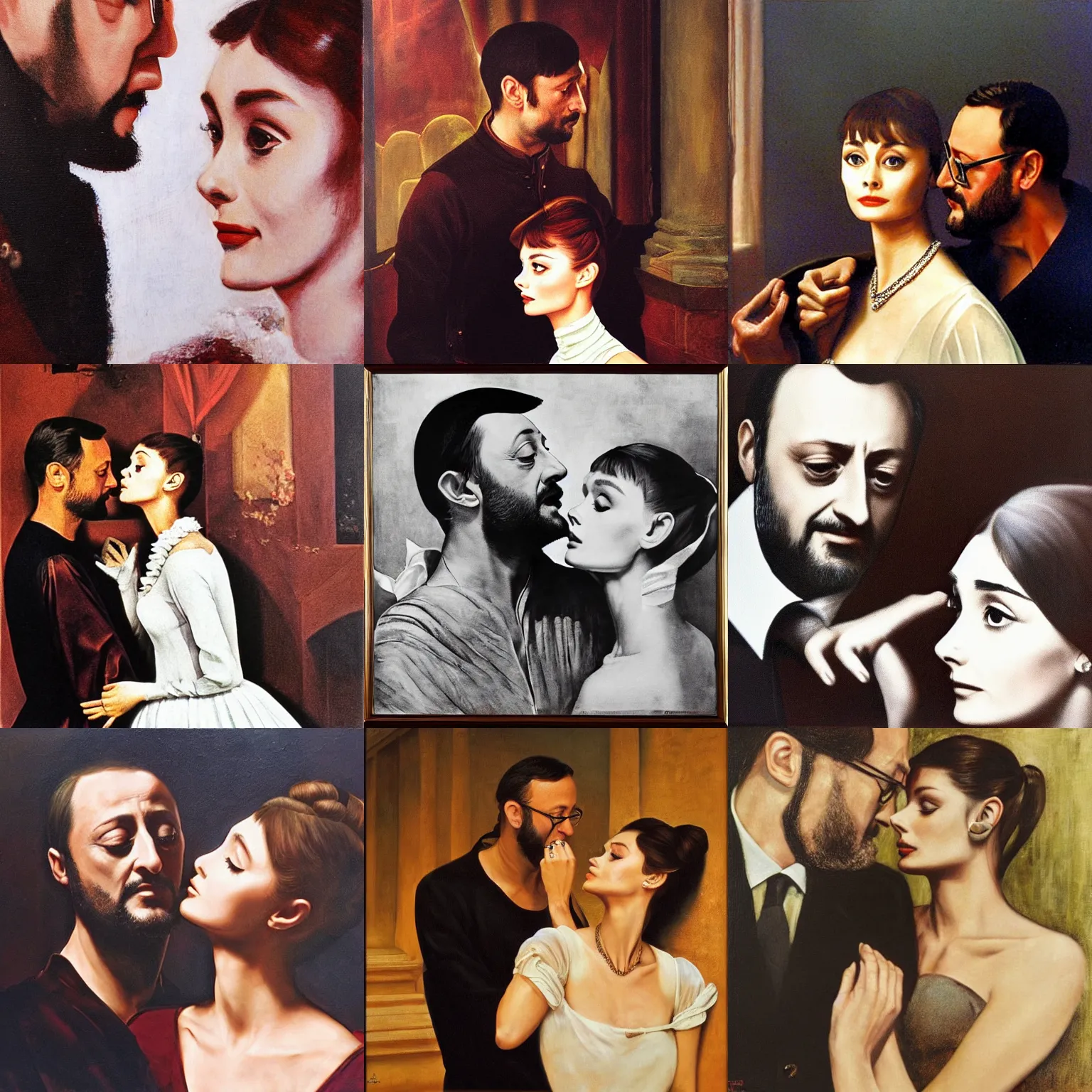 Prompt: Historical Romeo (Jean Reno) and Juliet (Audrey Hepburn), are looking at each other romantically. dramatic, romantic, tragic, restrained, lumnious, lighting, oil canvas by Frank Dicksee, Alfred Elmore, Mather Brown