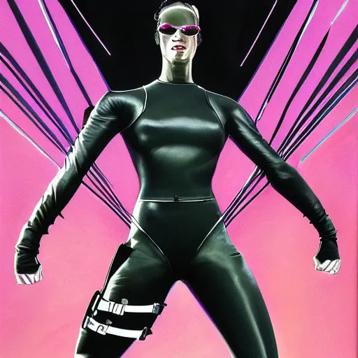 Prompt: Trinity the matrix, Female sprinter in athletic attire with cyborg legs, metal body, diesel punk, athletic footage, 1960's olympics, artstation, hyperdetailed, art deco stadium, painting by sargent