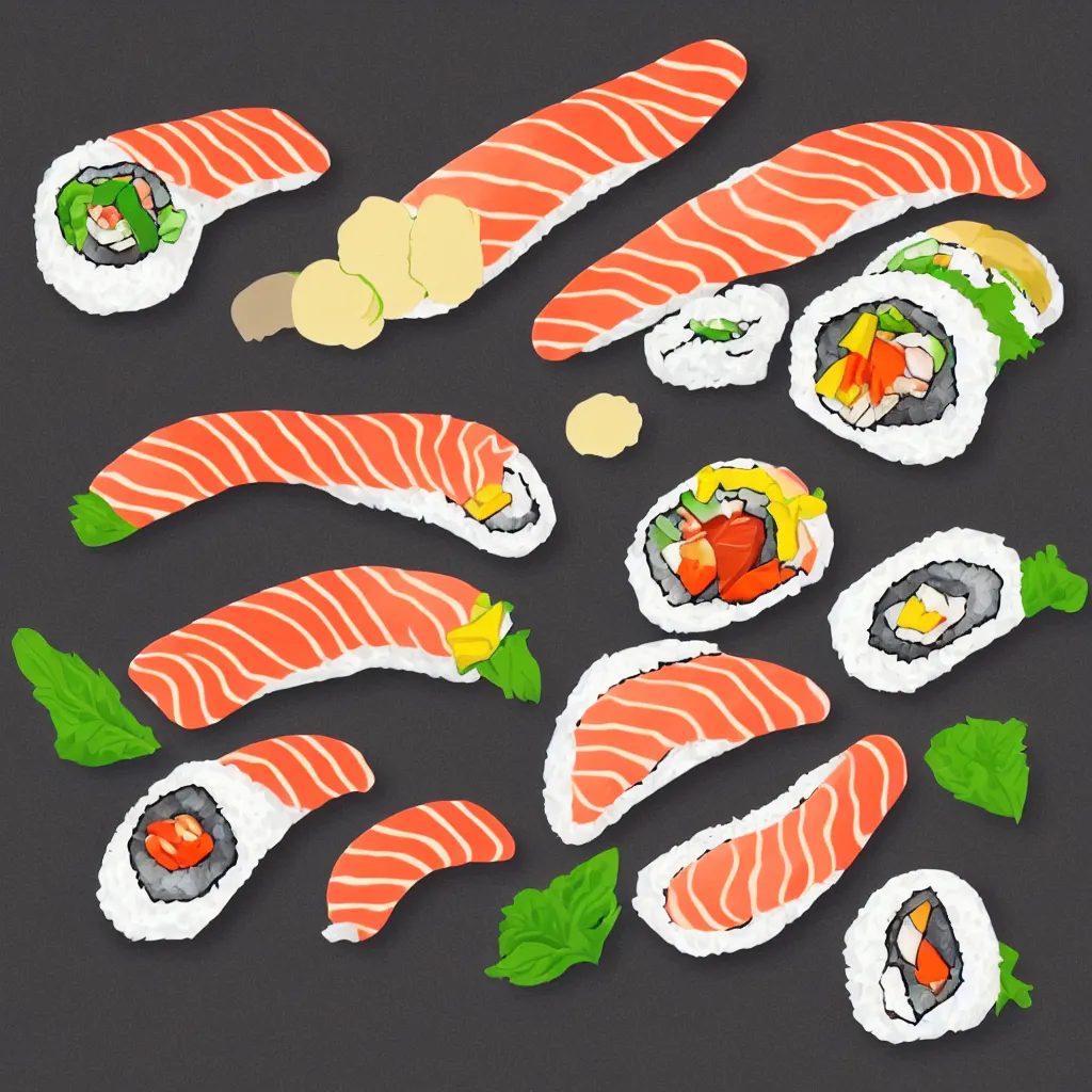 Prompt: a detailed digital vector illustration of a sushi roll in the shape of a S