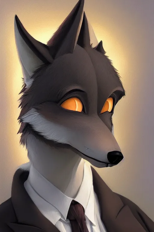 Image similar to oil painting of anthromorphic female wolf, in style of cory loftis, female fursona, furry, furaffinity, 4 k, deviantart, furry art, fursona art, wearing black business suit, business suit, in style of cory loftis, wolf fursona, cyberpunk, female, very expressive detailed feminine face,